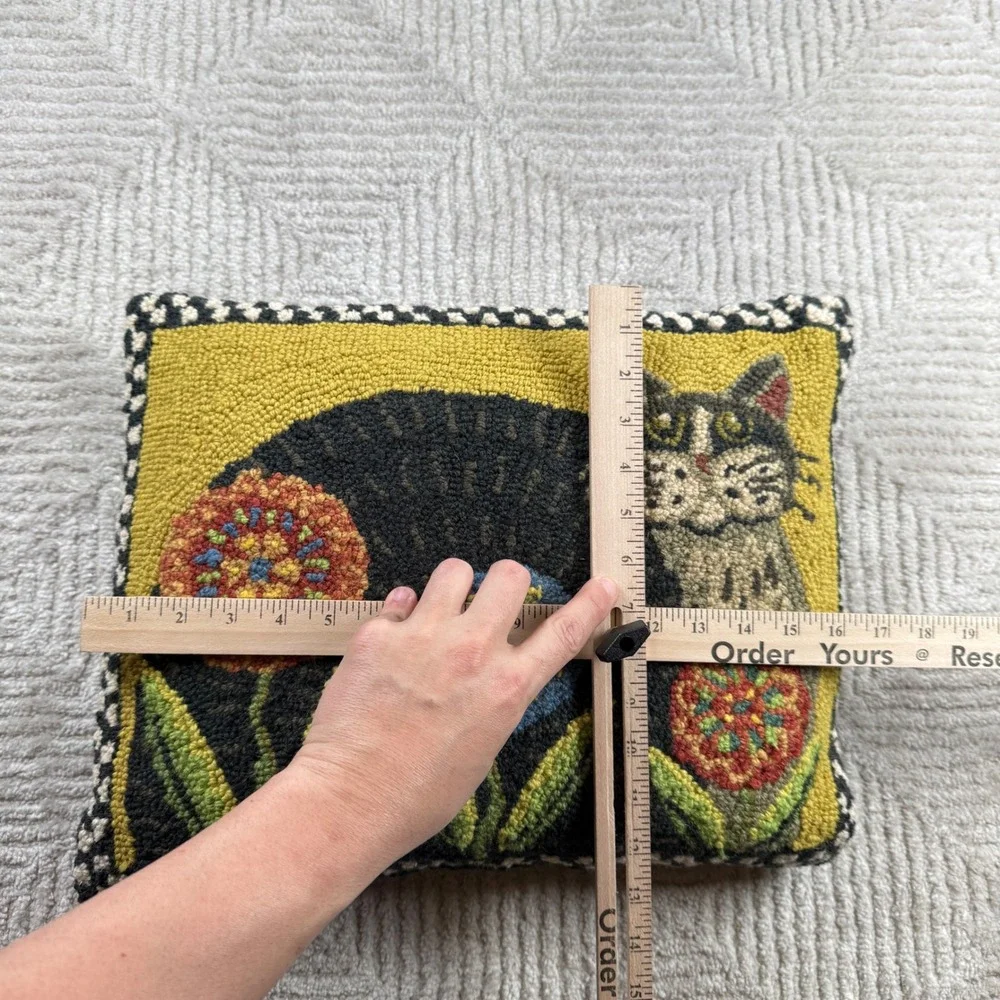 Penny Flower Cat Hooked Pillow Folk Art Decor Cottagecore Farmhouse Boho Rustic